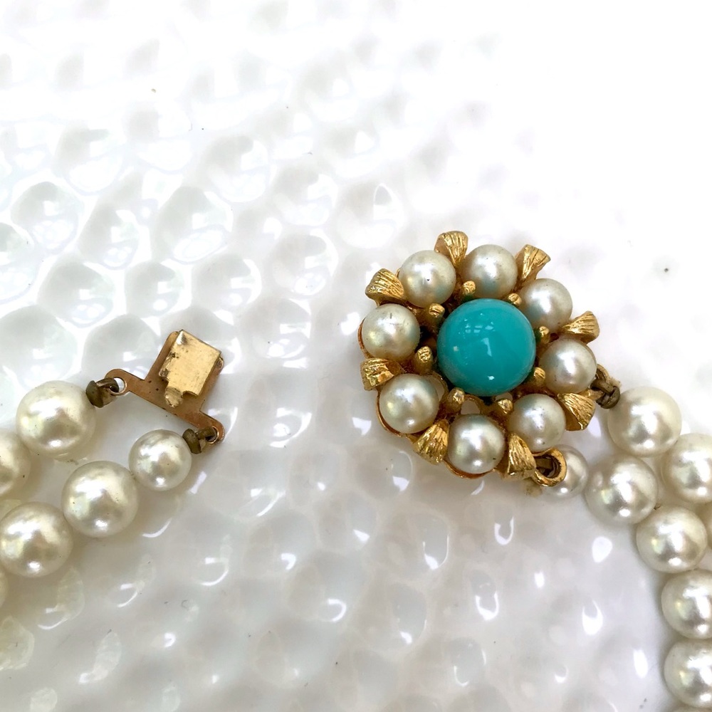 Vintage 50’s faux turquoise & pearl beaded double necklace - Picture 6 of 6
